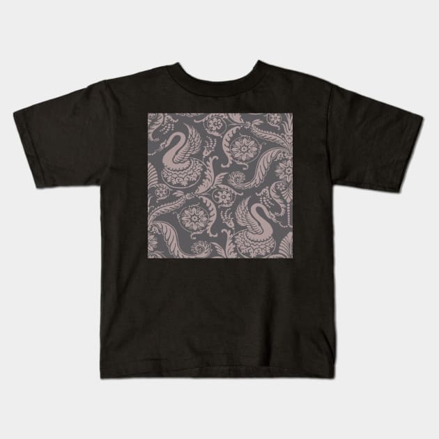 Tan on Grey Classy Medieval Damask Swans Kids T-Shirt by JamieWetzel